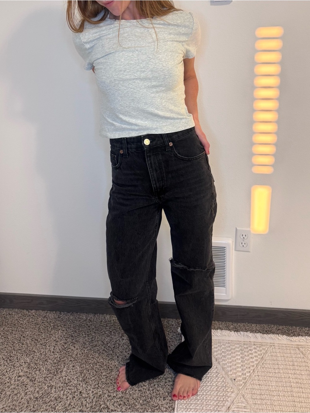 Zara High Rise Distressed Wide Leg Jeans Black Washed Denim Size 2
